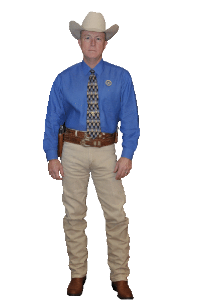 Ranger Cawthon in blue shirt and khaki pants uniform