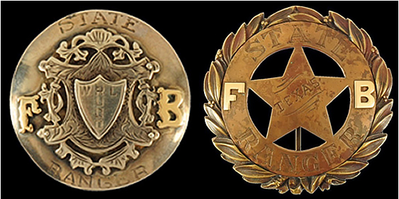 One gold circular badge with an elaborate crest in the center with unreadable writing. Around the edge of the badge are the words "State Ranger" and initials "F" and "B". Another gold badge in a circle star shape with leaves around the edge and the words "State Ranger" and the initials "F" and "B" along the circle. In the middle of the central star is the word "Texas".