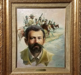 A painting with the bust of a man with a beard and mustache with a line of armed men on horseback in the background.