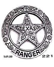 A heavily ornamented silver circle star badge with the word "Texas" in the center of the star and the word "Ranger" on the bottom of the circle.