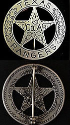 Two silver circle star badges on a black background. The first is a badge with the words "Dept. of Public Safety" across the top of the circle and the words "Texas Rangers" across the bottom. There are two branches going up the sides of the circle. In the middle of the star is the words "Co A" and there are decorative swirls in the star. The second is the back of a badge with the vague imprint of a Mexican coin visible.
