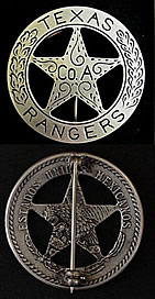 Two silver circle star badges on a black background. The first is a badge with the words "Dept. of Public Safety" across the top of the circle and the words "Texas Rangers" across the bottom. There are two branches going up the sides of the circle. In the middle of the star is the words "Co A" and there are decorative swirls in the star. The second is the back of a badge with the vague imprint of a Mexican coin visible.