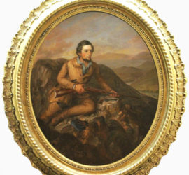 Circular framed painting of man posing on a rock with a rifle in his hand.