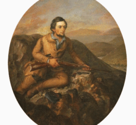 Circular painting of man posing on a rock with a rifle in his hand.