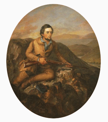 Circular painting of man posing on a rock with a rifle in his hand.