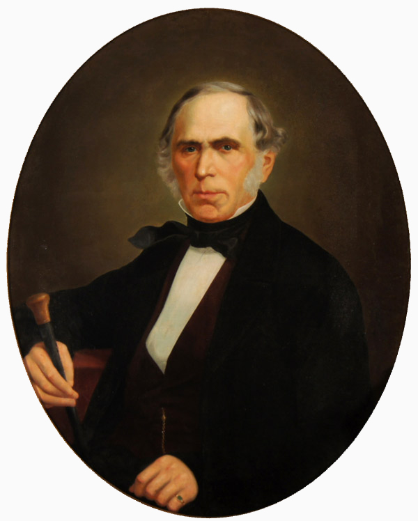 A circular portrait of an older man in a dark suit holding a cane.