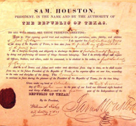 An old Texas Ranger commission from the Republic of Texas signed very largely in the bottom right corner by Sam Houston.