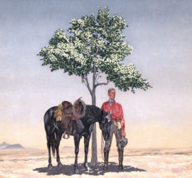 A painting of a man and a horse standing under the shade of a small tree.