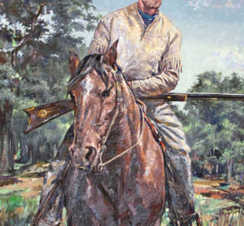 A painting of a cowboy sitting on a horse with a rifle across his lap