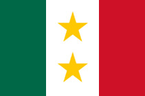 A flag with thick vertical stripes of green, white, and red with two yellow five pointed stars in the white stripe.