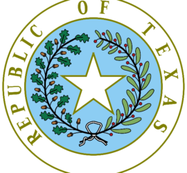 Republic of Texas circular seal with a star in the center and two branches circling the star on a light blue background.