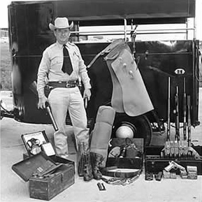 Ranger Dudley White, Jr.
 with 1950s horse trailer and issued equipment.
©TRHFM