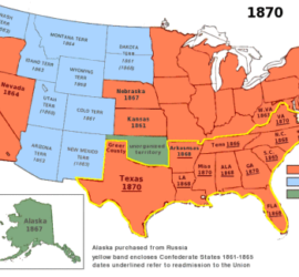 An 1870 map of the U.S. with states, territories, and unorganized territories all shaded in different colors.