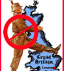 A picture of a Nazi soldier marching into Great Britain with a large circular red cross through over it.