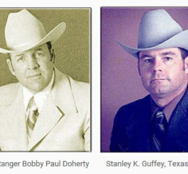 Two headshots of men in white cowboy hats and suits. One photograph is in black and white and the other is in color.