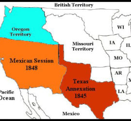 A map of the United States with the Oregon Territory, Mexican Session, Texas Annexation, and Missouri Territory marked.