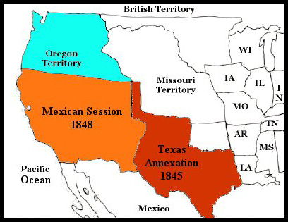 A map of the United States with the Oregon Territory, Mexican Session, Texas Annexation, and Missouri Territory marked.