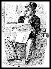 A drawing of a man in a suit with a top hat on and sideburns reading a newspaper while seated.