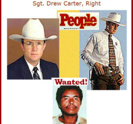 A photo collage including a headshot of a man in a dark suit, glasses, and a white cowboy hat, a People magazine cover with a Texas Ranger in full uniform, and a Wanted headshot of a man with a mustache.
