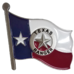 silver badge on Texas flag lapel pin