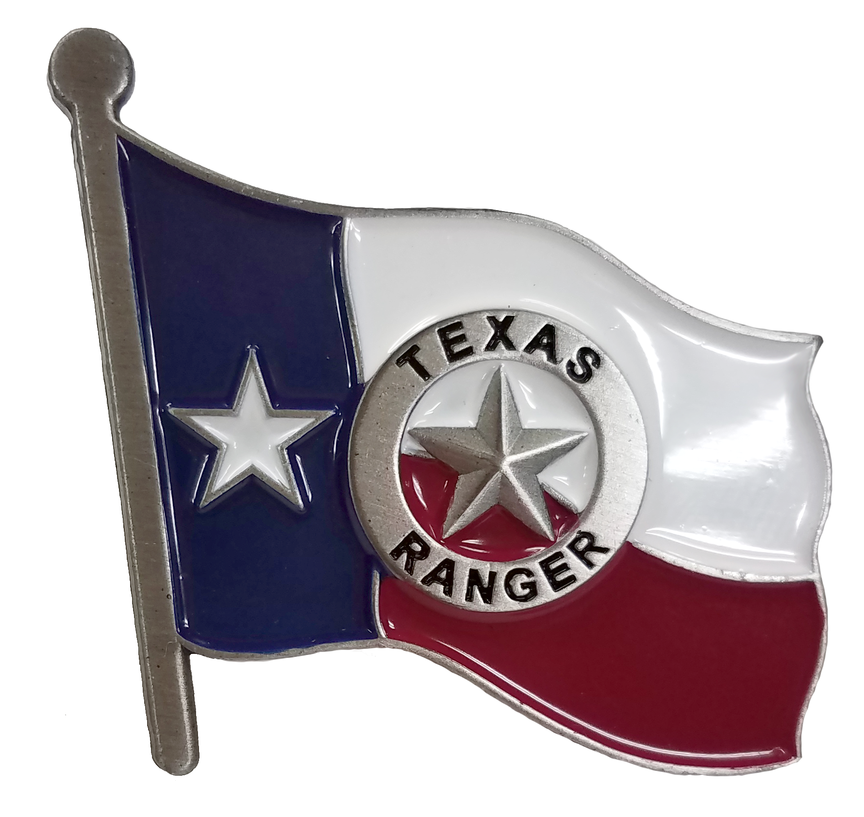 silver badge on Texas flag lapel pin