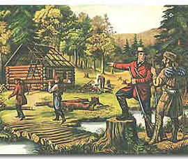 A drawing of two men talking in front of a group of workers building a log cabin in the wilderness.