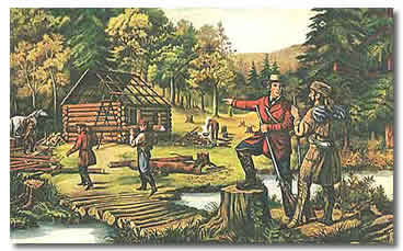 A drawing of two men talking in front of a group of workers building a log cabin in the wilderness.