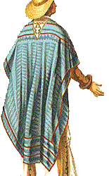 A person standing with their back visible in a stiped teal poncho type article of clothing, a straw cowboy hat and tan pants.