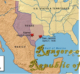 A map of the United States and Mexico with the state of Texas and disputed territory highlighted. The words "Rangers of the Republic of Texas" is printed on the bottom and the battles of San Jacinto and the Alamo are marked.