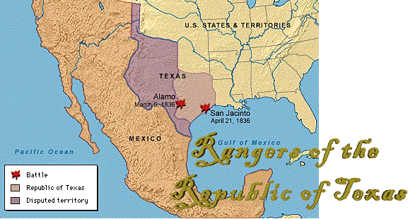 A map of the United States and Mexico with the state of Texas and disputed territory highlighted. The words "Rangers of the Republic of Texas" is printed on the bottom and the battles of San Jacinto and the Alamo are marked.