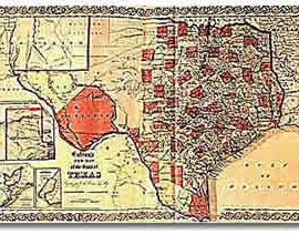 An old map of the state of Texas with certain sections shaded orange.