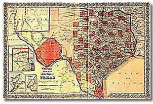 An old map of the state of Texas with certain sections shaded orange.