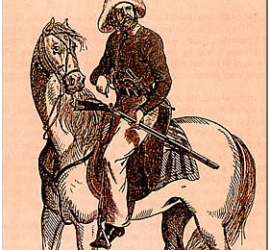 A drawing of an armed man with a mustache and hat on a horse.
