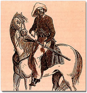 A drawing of an armed man with a mustache and hat on a horse.