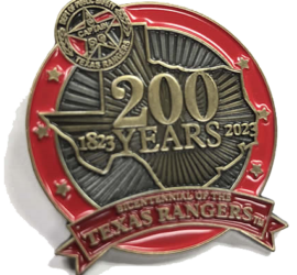 brass bicentennial lapel pin with red enamel