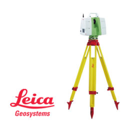 A scanner with yellow and red legs and a white and light green head with the words "Leica Geosystems" written to the side in red.