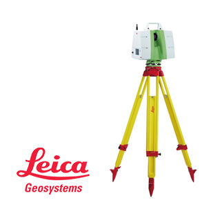 A scanner with yellow and red legs and a white and light green head with the words "Leica Geosystems" written to the side in red.