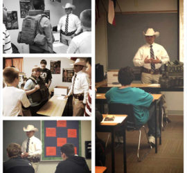 A collage of images with Texas Rangers presenting in classrooms.