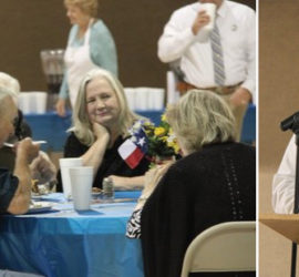 A photo collage of a group of people sitting at a decorated table and a Texas Ranger at a podium presenting.