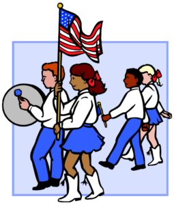 cartoon of children in marching band with US flag