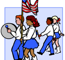 cartoon of children in marching band with US flag