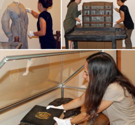 A photograph collage of two women putting artifacts in an exhibit. The exhibits visible are a dress, a trunk, and an ornate Bible.