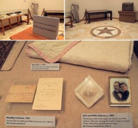 A photograph collage with images of an exhibit with a mannequin in a dress, a baby quilt a letter, and photographs.