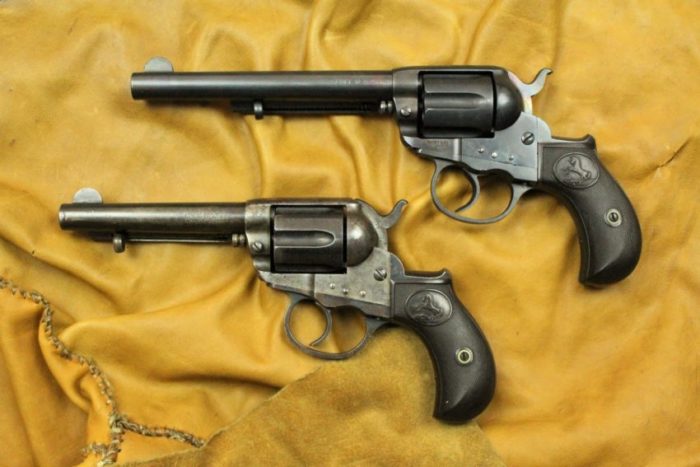 Two dark metal revolver pistols with a carved horse in a circle on the grips.