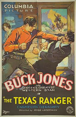 A man in a red shirt with a gun belt punching a man in a dark suit the words "Buck Jones The Screen's Greatest Western Star in "The Texas Ranger" printed at the bottom.