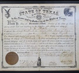 A State of Texas Texas Ranger certificate with the drawing of an eagle carrying a shield in one corner, a Native American in another, and a robed woman at the bottom.