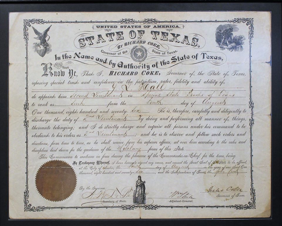 A State of Texas Texas Ranger certificate with the drawing of an eagle carrying a shield in one corner, a Native American in another, and a robed woman at the bottom.