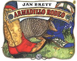 Book cover of "Armadillo Rodeo" with a armadillo running along two different cowboy boots.