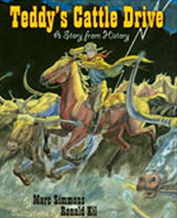 Book cover of "Teddy's Cattle Drive" with a boy on a running horse with lots of running cattle in a storm.