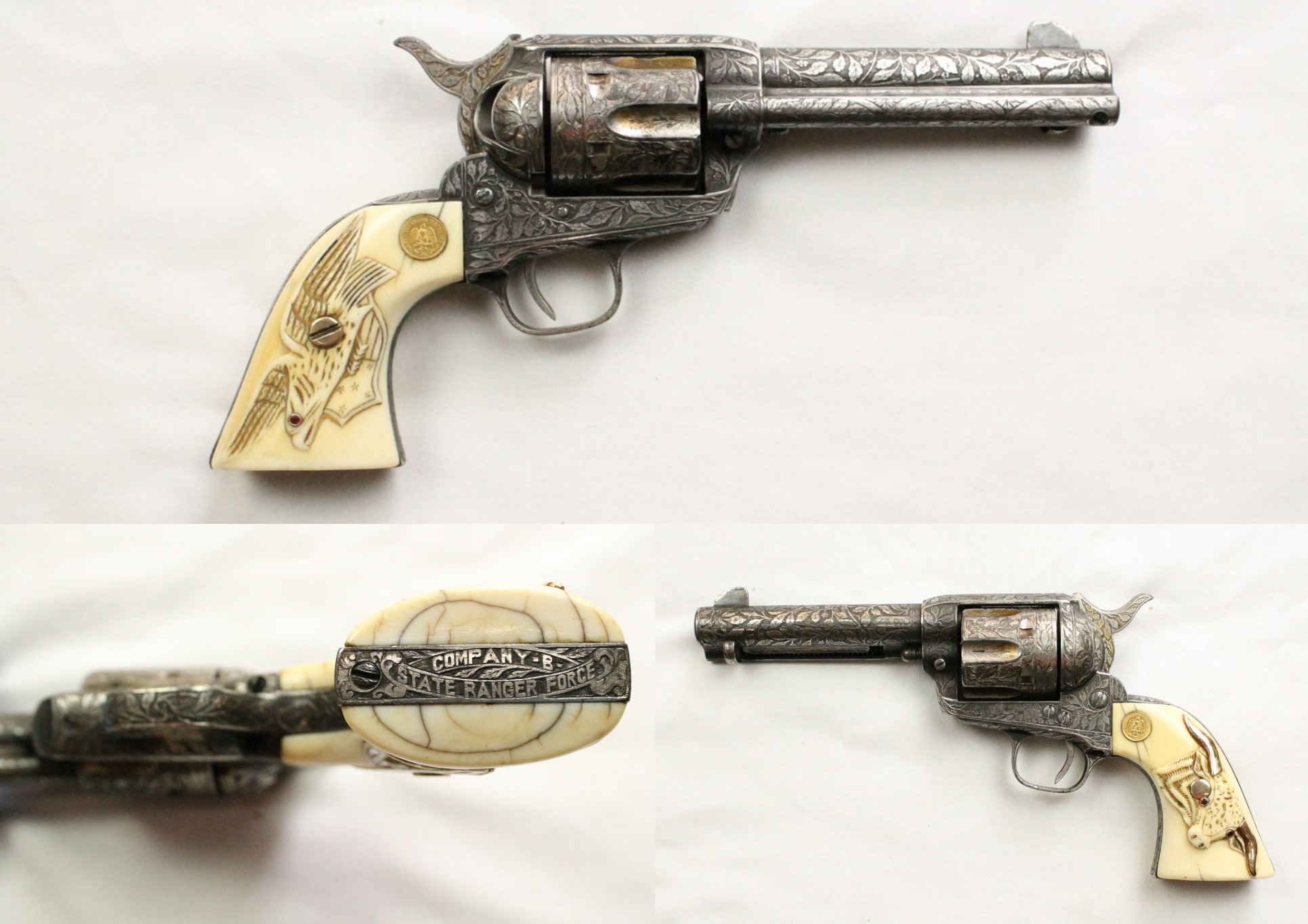 A heavily decorated Colt pistol with a silver metal body and bone grips. There is a carved leave motif on the body of the gun, an eagle carved on to on side of the grip and a longhorn on the other. On the butt of the gun it says "Company B State Ranger Force".